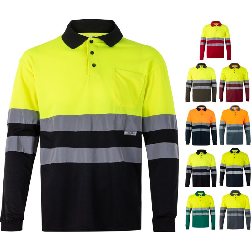 Velilla VL VULCAN LARGE. Two-tone bird-eye polo shirt (160g/m²) with long sleeves, in polyester (100%) / Army green / Yellow