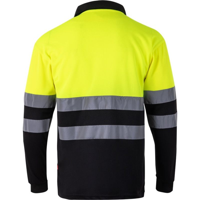 Velilla VL VULCAN LARGE. Two-tone bird-eye polo shirt (160g/m²) with long sleeves, in polyester (100%) / Army green / Yellow