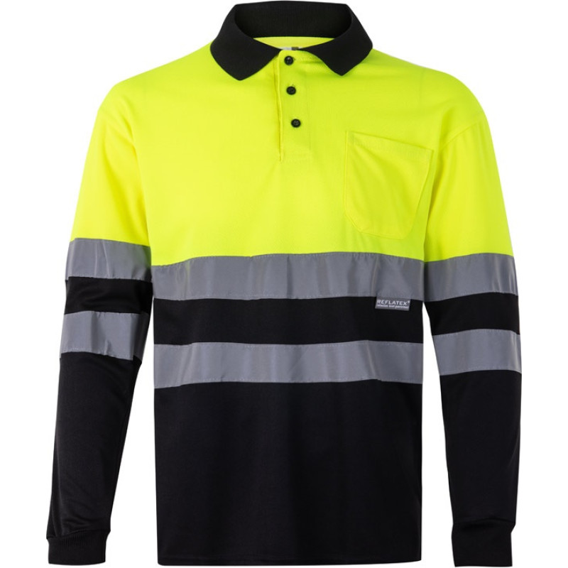 Velilla VL VULCAN LARGE. Two-tone bird-eye polo shirt (160g/m²) with long sleeves, in polyester (100%) / Army green / Yellow