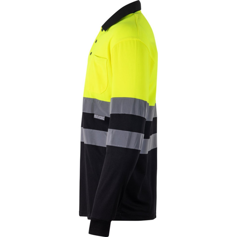 Velilla VL VULCAN LARGE. Two-tone bird-eye polo shirt (160g/m²) with long sleeves, in polyester (100%) / Army green / Yellow